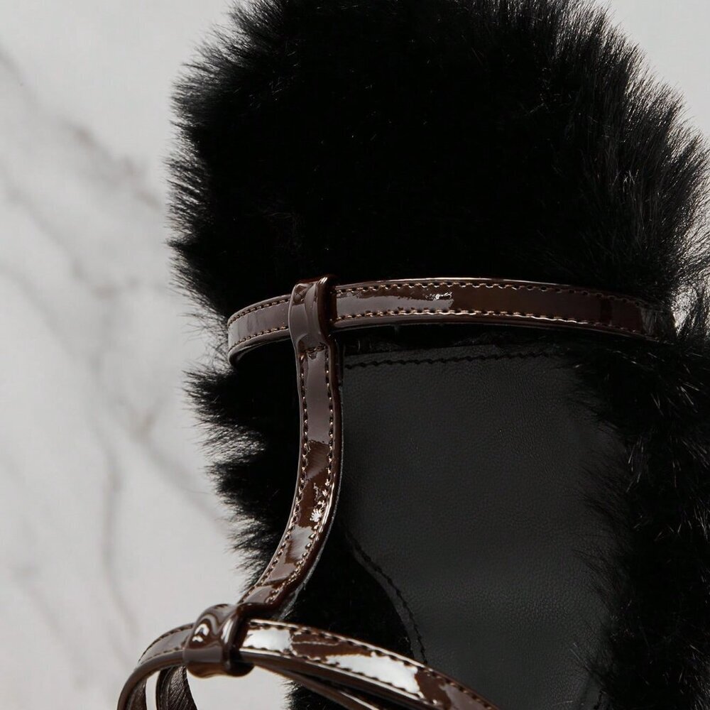Black Bohemian Women's Versatile Faux Fur Slip-On Heeled Sandals - Picture 6 of 6